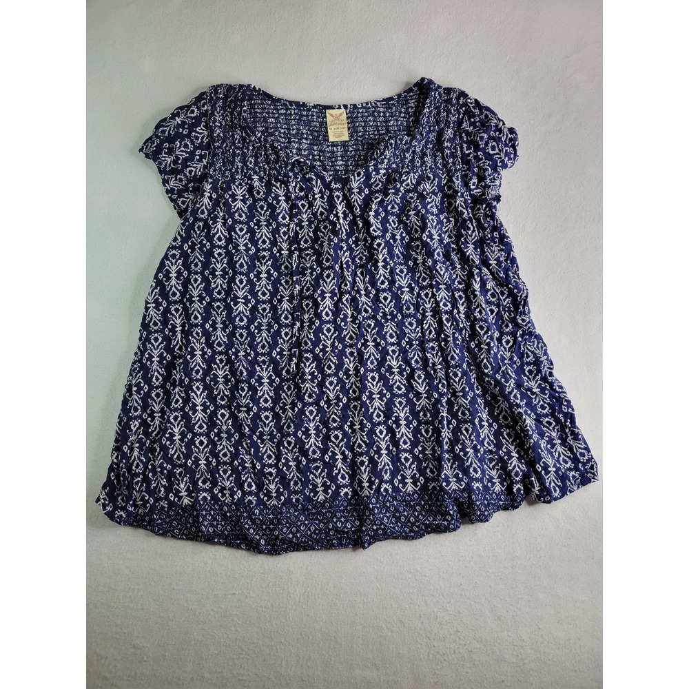 Faded Glory Womens 2X Navy Blue White Geometric Smocked Rayon Peasant Top Blouse